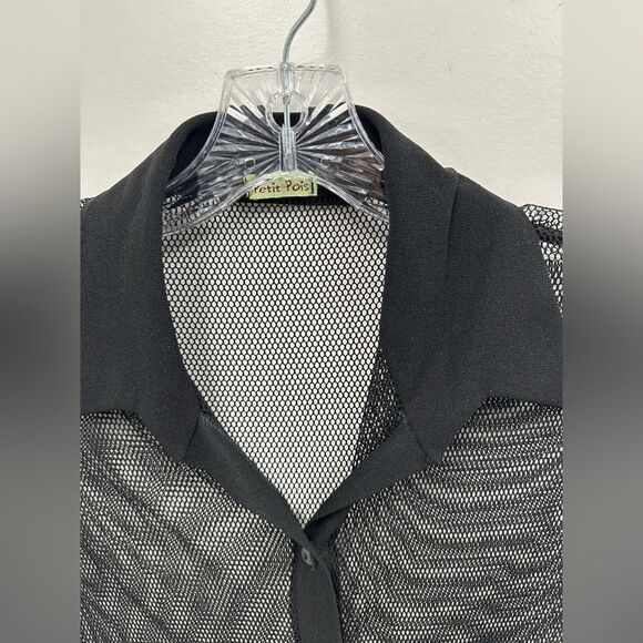 Vintage Y2K Black Mesh Sheer Fish Net Short Sleeve Button Front Top Size M - Picture 8 of 10